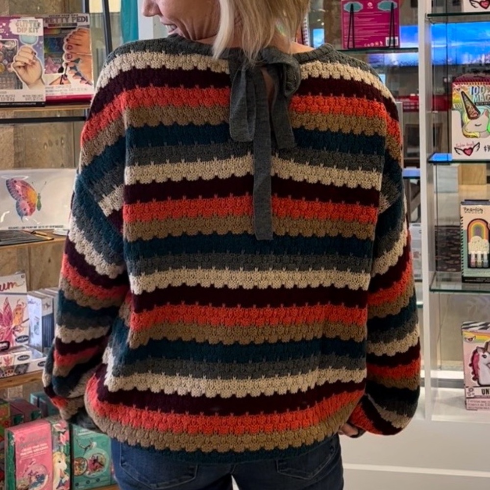 Striped Multicolor Women's Sweater with ribbon tie back